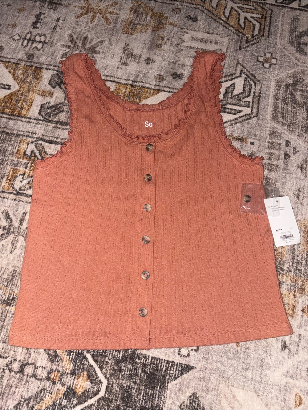 So Ribbed Faux Button-Front Tank Top - Rust